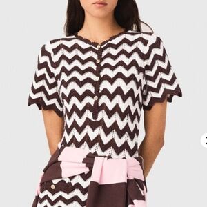 Maje Brown and White Chevron Button Down Shirt